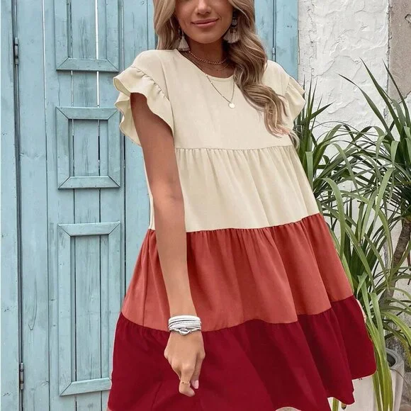 Multicolor boho Women's Colorblock Round Neck Casual Loose Mini Dress - Picture 4 of 6